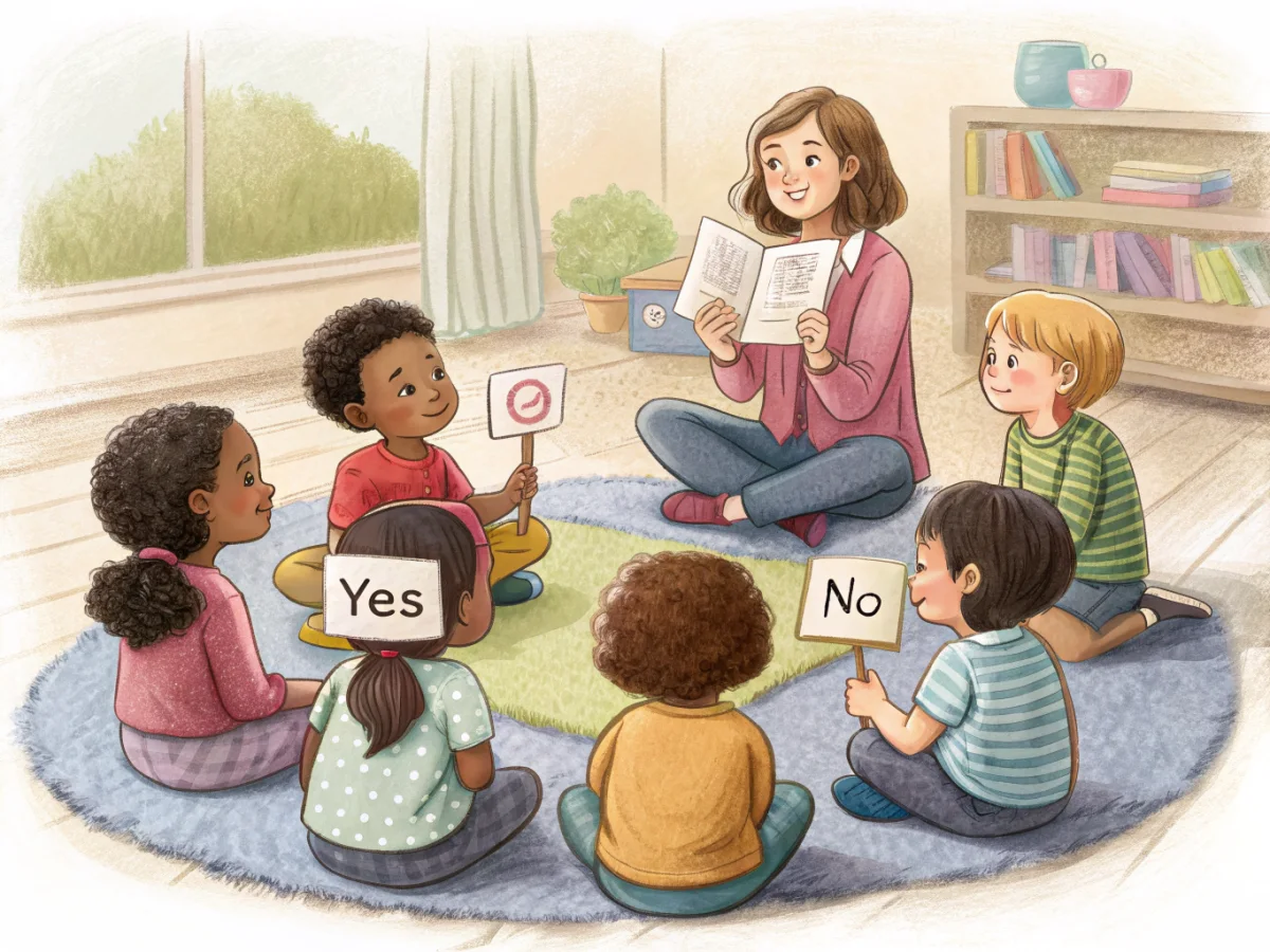 A teacher reads a picture book to a diverse circle of preschoolers, two holding up Yes and No answer paddles