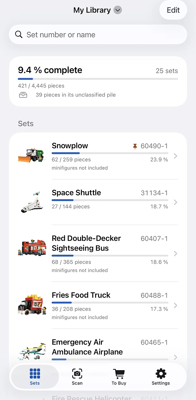 The Sets tab: a library 9.4 % complete, 421 of 4,445 pieces across 25 sets, each set with its own progress bar.